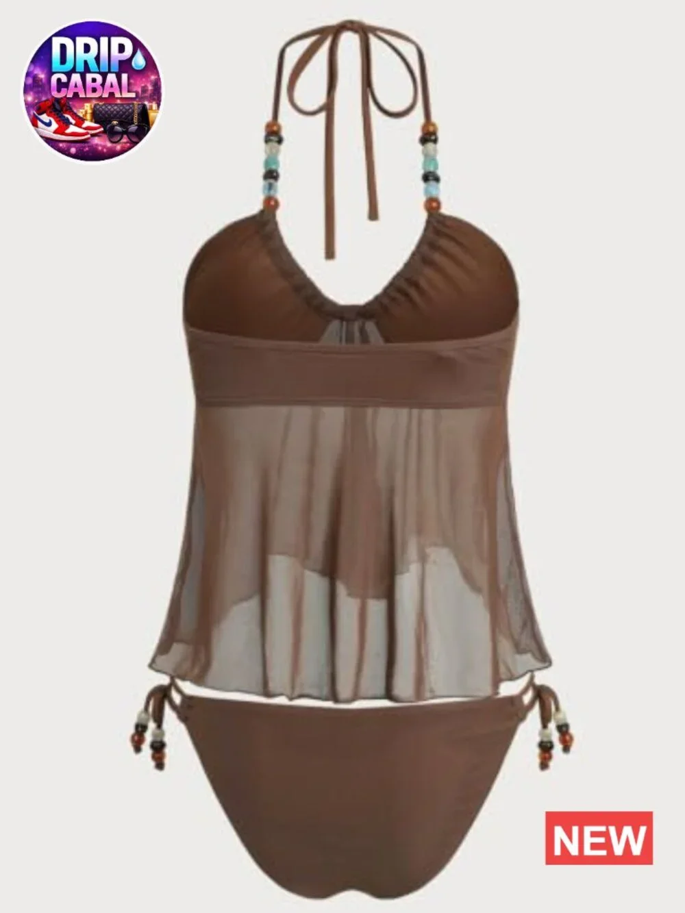 Flowy Mesh Halter V Neck Bandeau Swim Top & Cheeky Tie Side Thong 2 Piece